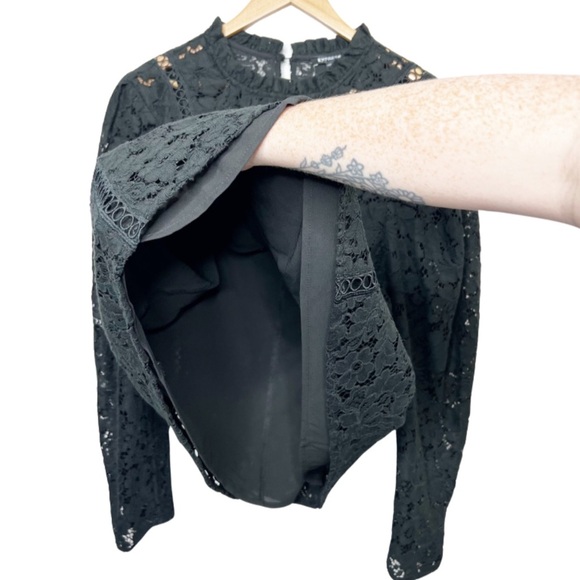 New with Tags Expess Women's Lace Puff Long Sleeve Top Black Mock Neck Blouse - Picture 9 of 16